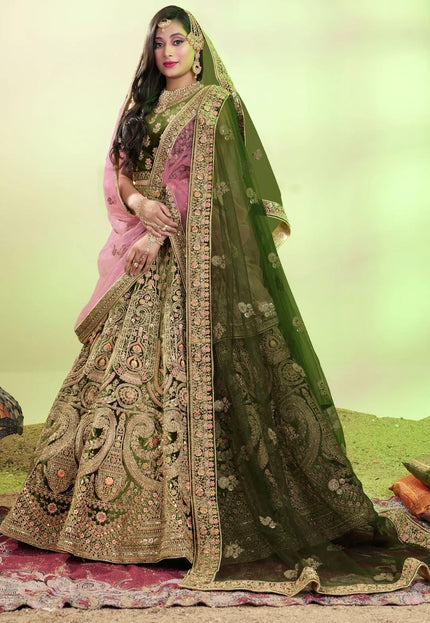 Mehendi Velvet Lehenga Choli With Net Dupatta For Women