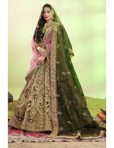 Mehendi Velvet Lehenga Choli With Net Dupatta For Women
