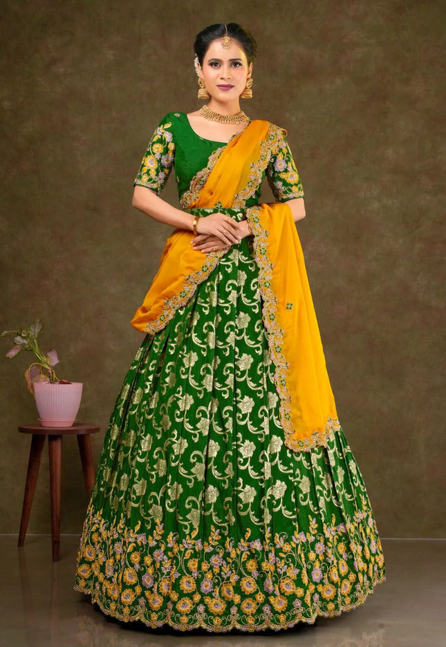 Mehendi Viscose Muslin Floral Lehenga Choli Rangoli Dupatta