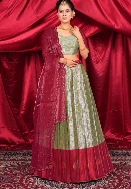 Mehendi Zari Silk Lehenga Choli with Zari Work For Women
