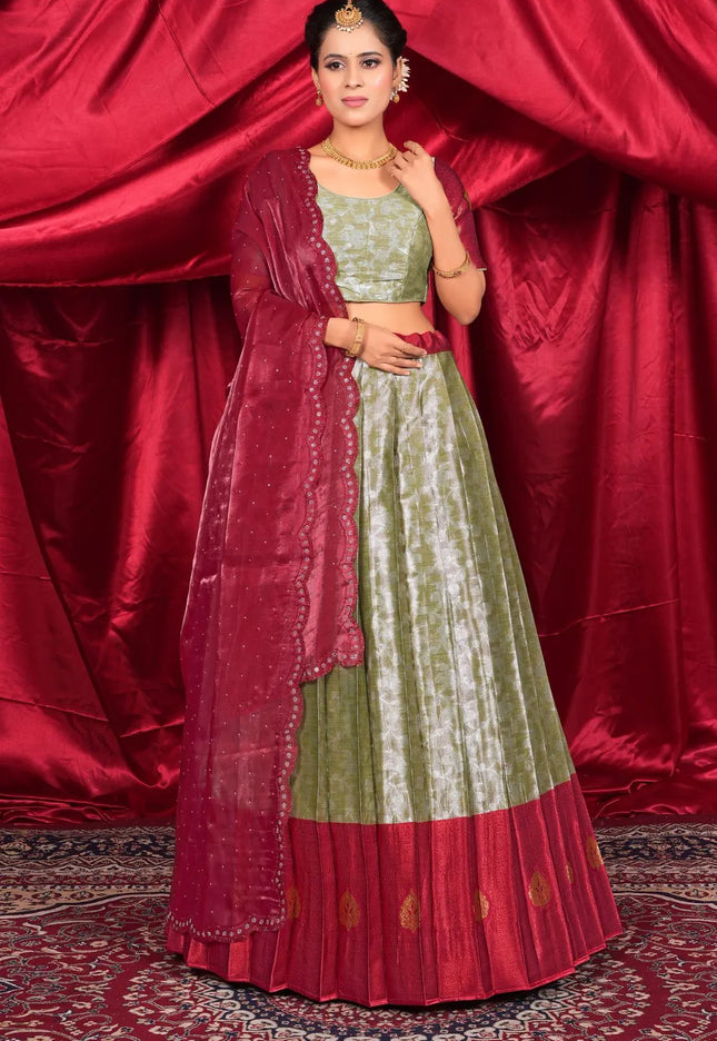 Mehendi Zari Silk Lehenga Choli with Zari Work For Women