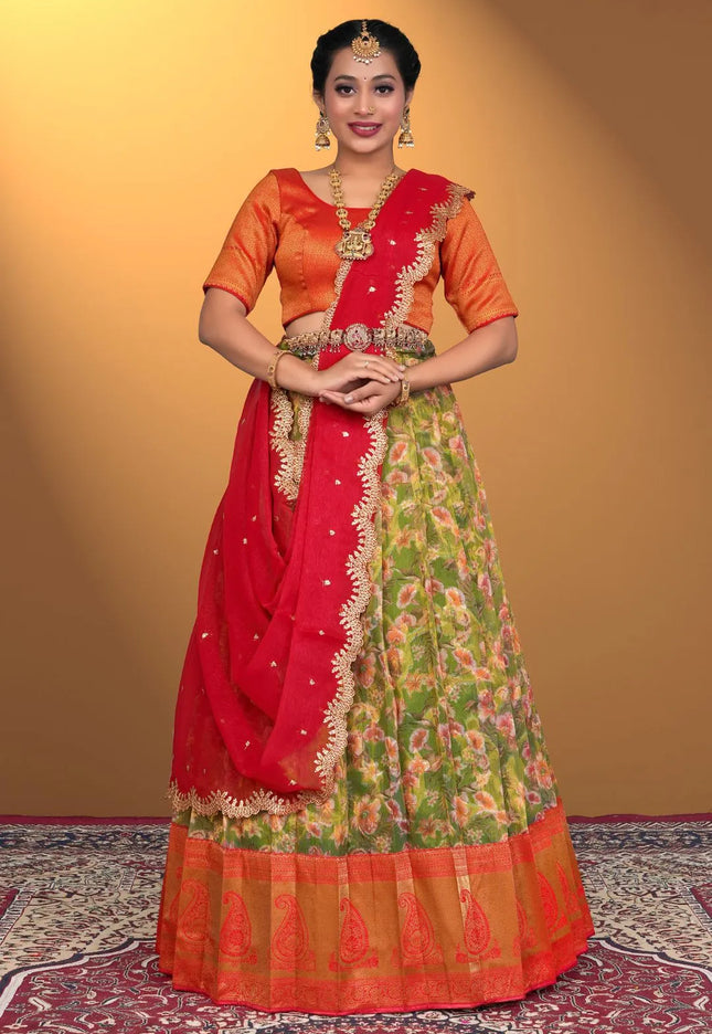 Mehendi Zari Tissue With Digital Lehenga Choli For Women