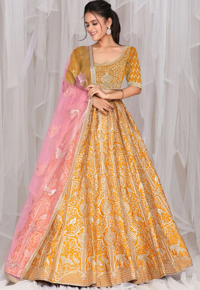 Musterd Art Silk Embroidered Lehenga Choli With Net Dupatta