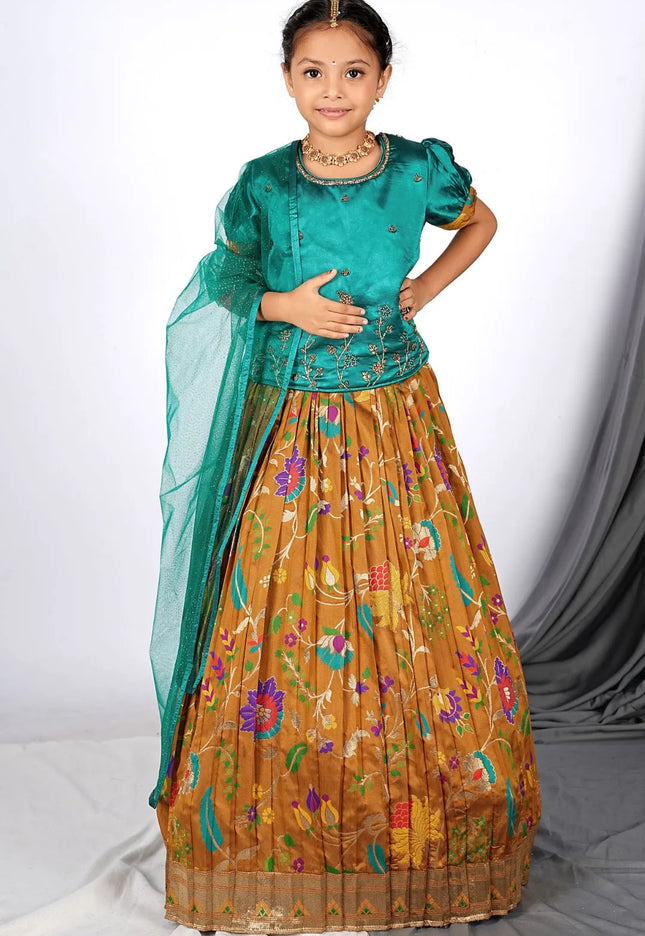 Musterd Banarasi Kids Lehenga Style With Rama Net Dupatta