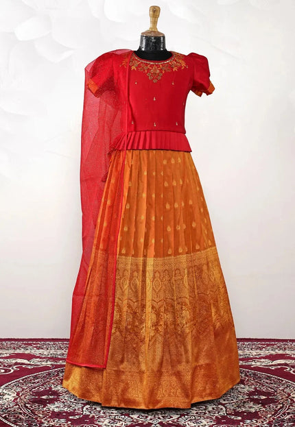 Musterd Kids Contrast-Trim Langa Voni Girls Ornate Motif Pattu Pavadai