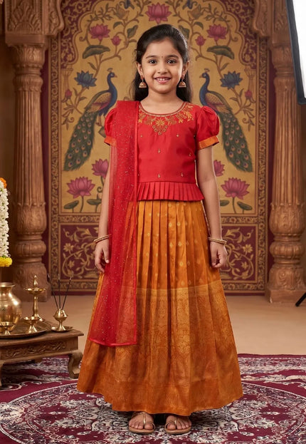 Musterd Kids Contrast-Trim Langa Voni Girls Ornate Motif Pattu Pavadai