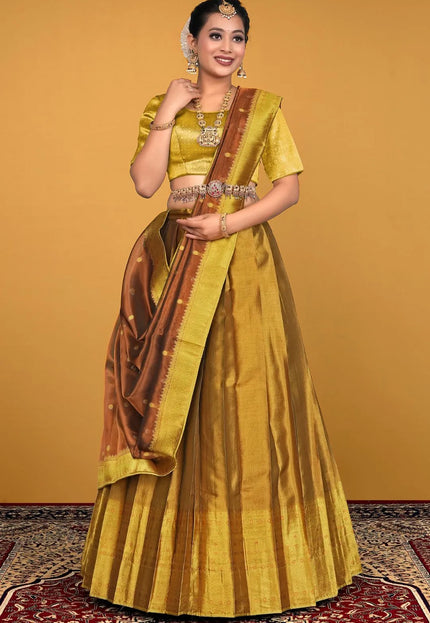 Mustard Pure Zari Tissue Silk Lehenga Choli With Dupatta
