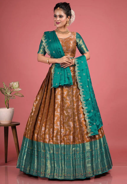 Musterd Silk Zari Work Lehenga Choli With Dupatta For Women
