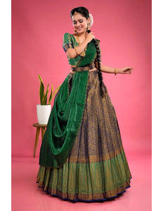 Navy Blue Banarasi Silk Half Saree With Zari Weaving