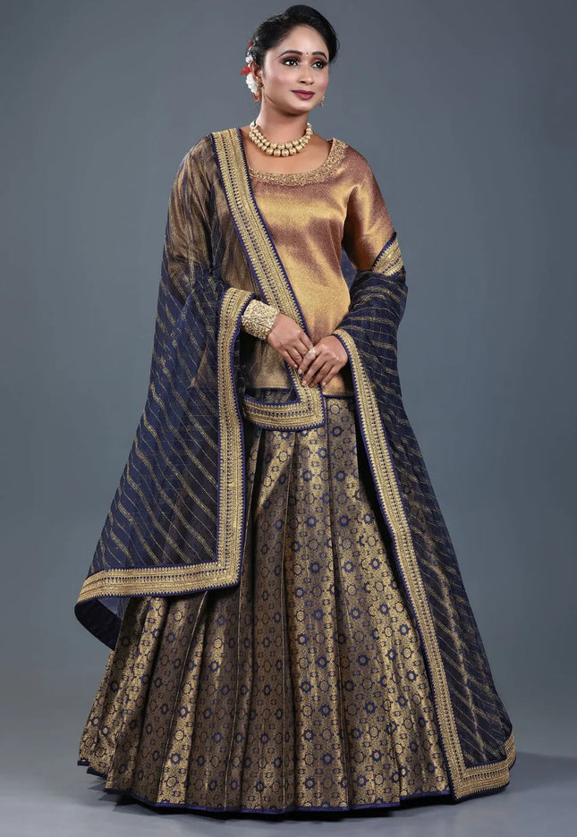 Navy Blue Banarasi Silk Lehenga Choli For Women With Net Dupatta