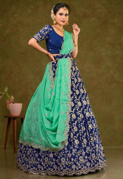 Navy Blue Viscose Muslin Floral Lehenga Choli Rangoli Dupatta