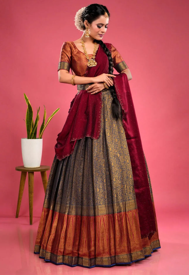 Navy Blue Banarasi Silk Half Saree With Zari Weaving