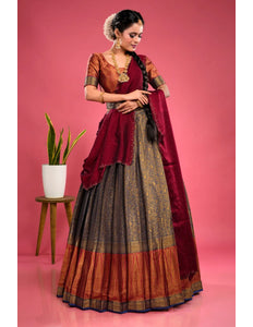 Navy Blue Banarasi Silk Half Saree With Zari Weaving