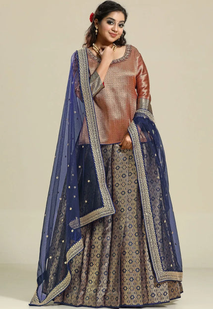 Navy Banarasi Silk Lehenga Choli For Women With Net Dupatta