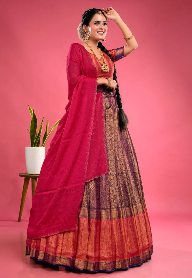 Navy Blue Banarasi Silk Half Saree With Zari Weaving