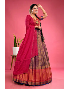 Navy Blue Banarasi Silk Half Saree With Zari Weaving