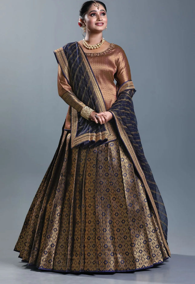 Navy Blue Banarasi Silk Lehenga Choli For Women With Net Dupatta