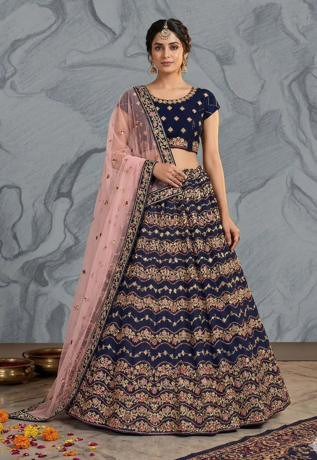 Navy Blue Latest Georgette Lehenga Choli Design With Dupatta