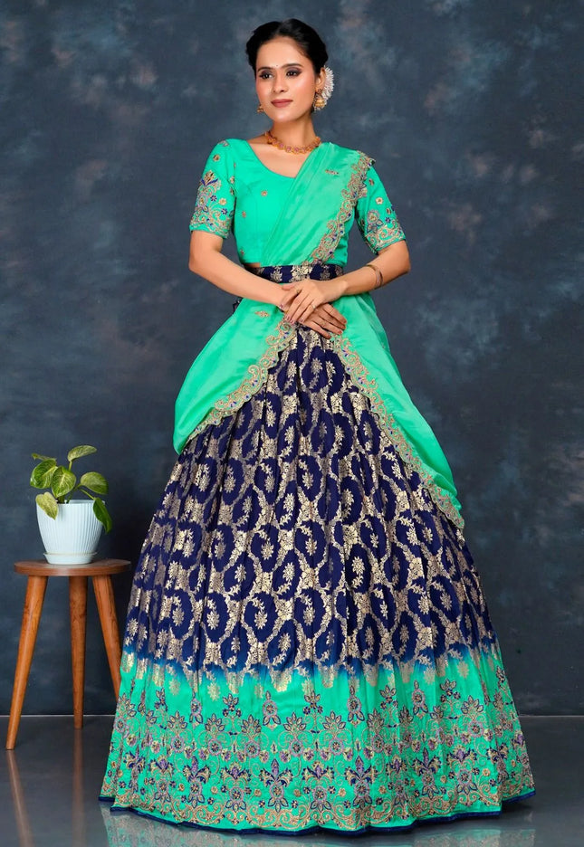 Navy Blue Viscose Muslin Floral Lehenga Choli Rangoli Dupatta