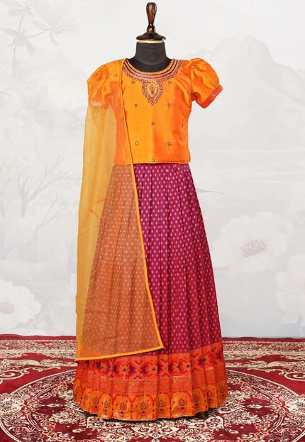 Navy Heavy Border Woven Lehenga Choli with Net Dupatta Kids Festive Wear