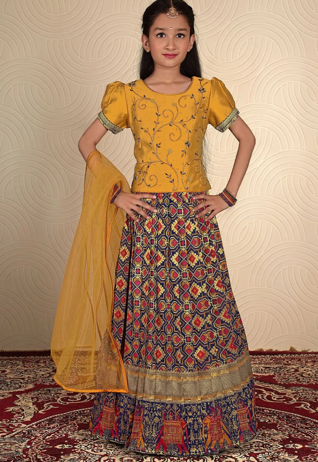 Navy Traditional Patola Style Lehenga Choli Set for Girls Festive Wear