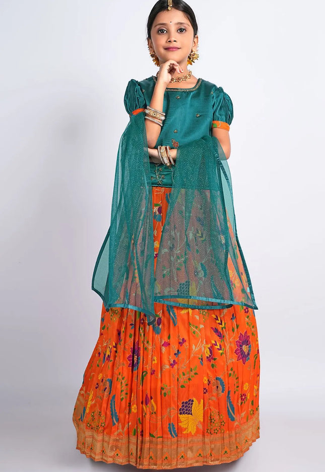 Orange Banarasi Kids Lehenga Style With Rama Net Dupatta