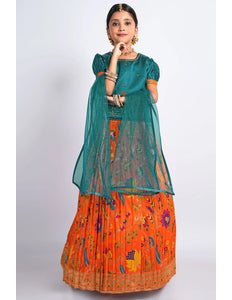 Orange Banarasi Kids Lehenga Style With Rama Net Dupatta