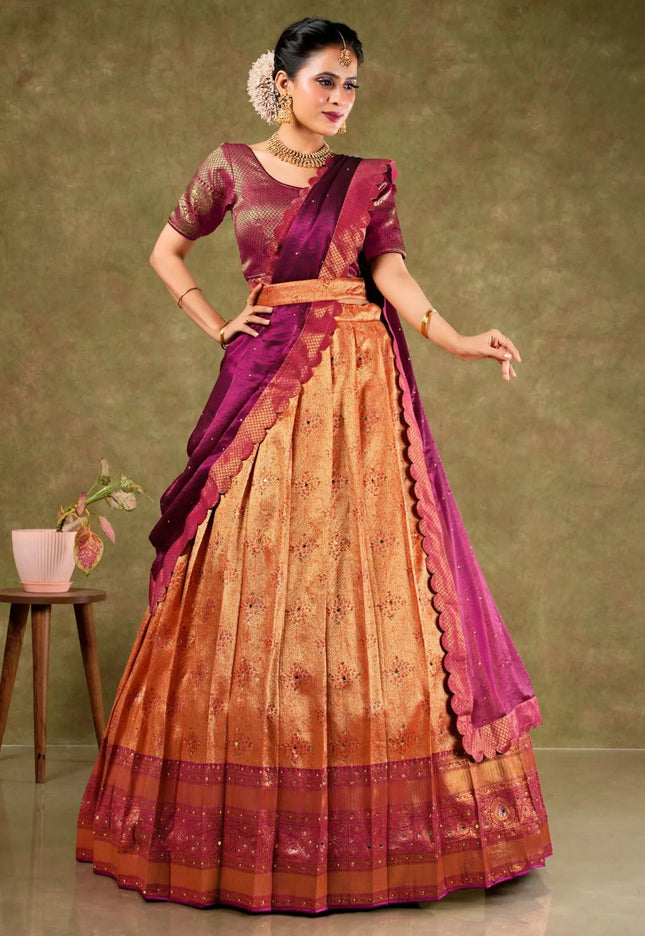 Orange Banarasi Silk Semi-Stitched Lehenga For Women