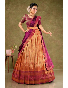 Orange Banarasi Silk Semi-Stitched Lehenga For Women