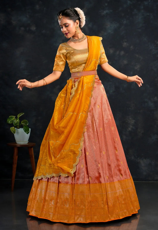 Orange Banarasi Zari Work Designer Half Saree For Women