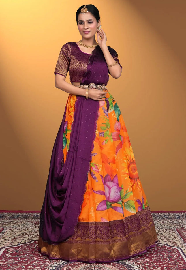 Orange Beautiful Banglori Slub Lehenga Choli Design For Women