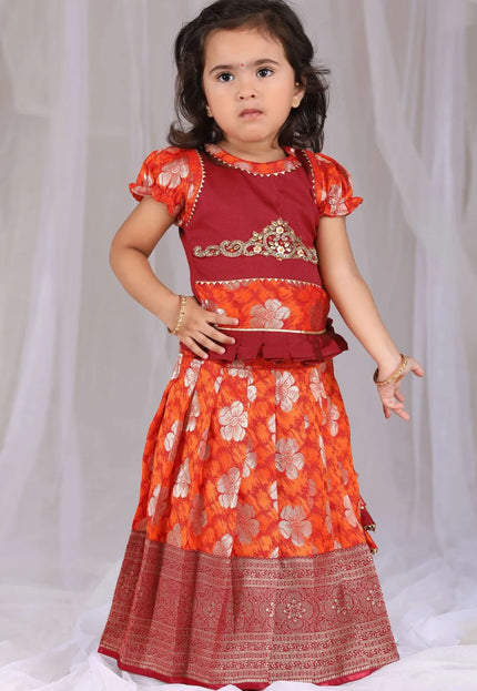 Orange Crop Top Banarasi Pattu Pavadai For Kids Girls