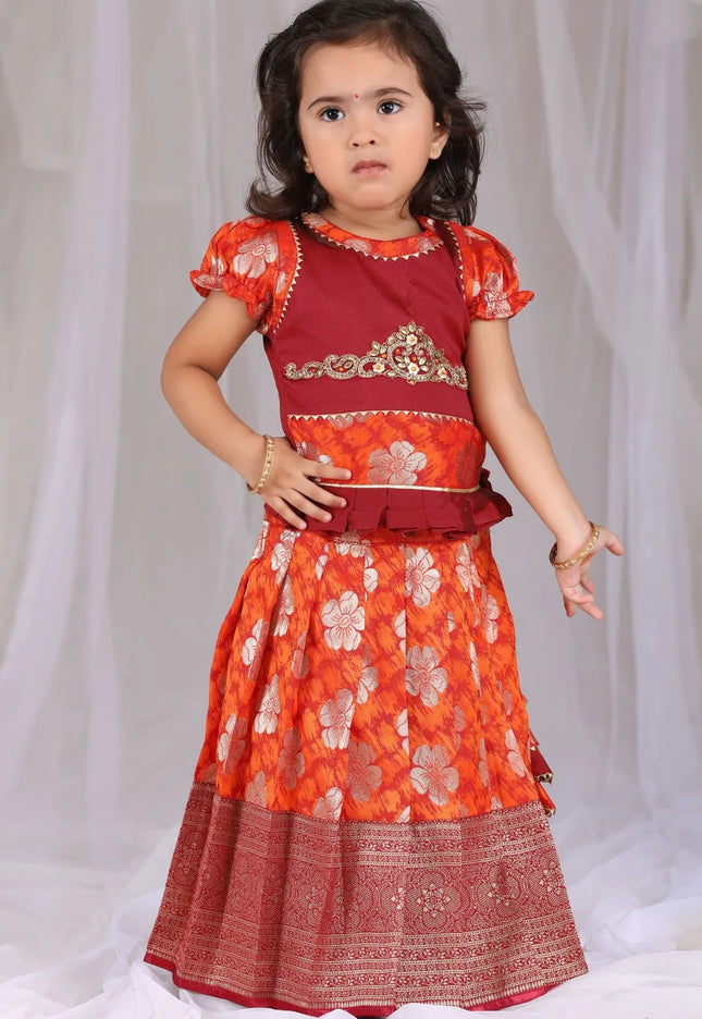 Orange Crop Top Banarasi Pattu Pavadai For Kids Girls