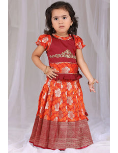 Orange Crop Top Banarasi Pattu Pavadai For Kids Girls