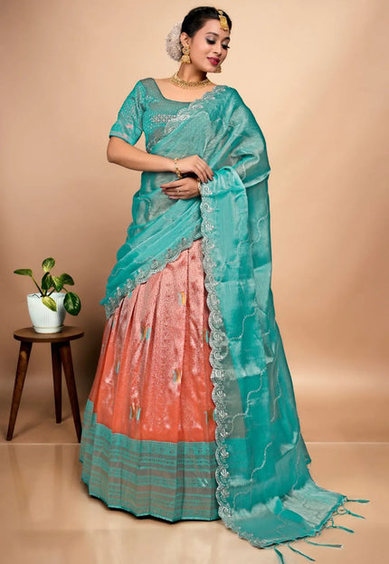 Orange Designer Self Jacquard Pattu Lehenga With Zari Work