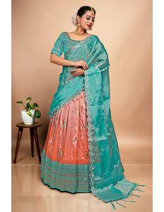 Orange Designer Self Jacquard Pattu Lehenga With Zari Work