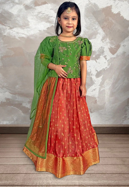 Orange Girls Designer Ghagra Choli Puff Sleeve Blouse with Net Dupatta