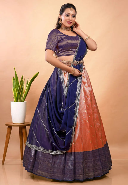 Orange Latest Zari Self Jacquard Lehenga Choli Set