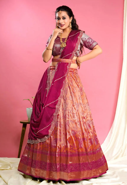 Orange Self Jacquard Lehenga Choli With Dupatta Set For Women