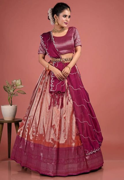 Orange Self Jacquard Lehenga Choli With Zari Woven
