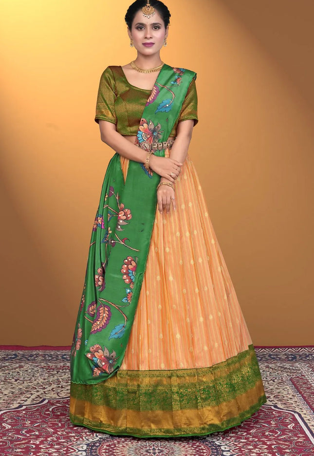 Orange Self Jacquard Semi-Stitched Lehenga For Women