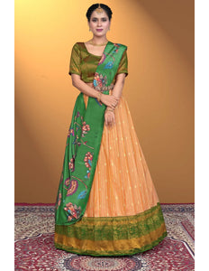Orange Self Jacquard Semi-Stitched Lehenga For Women