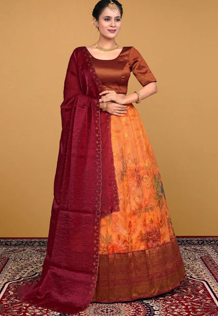 Orange Tissue Silk Pattu Lehenga Choli With Digital Print