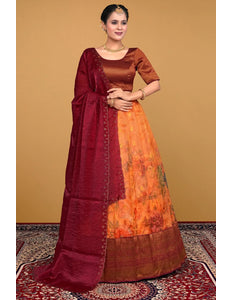 Orange Tissue Silk Pattu Lehenga Choli With Digital Print