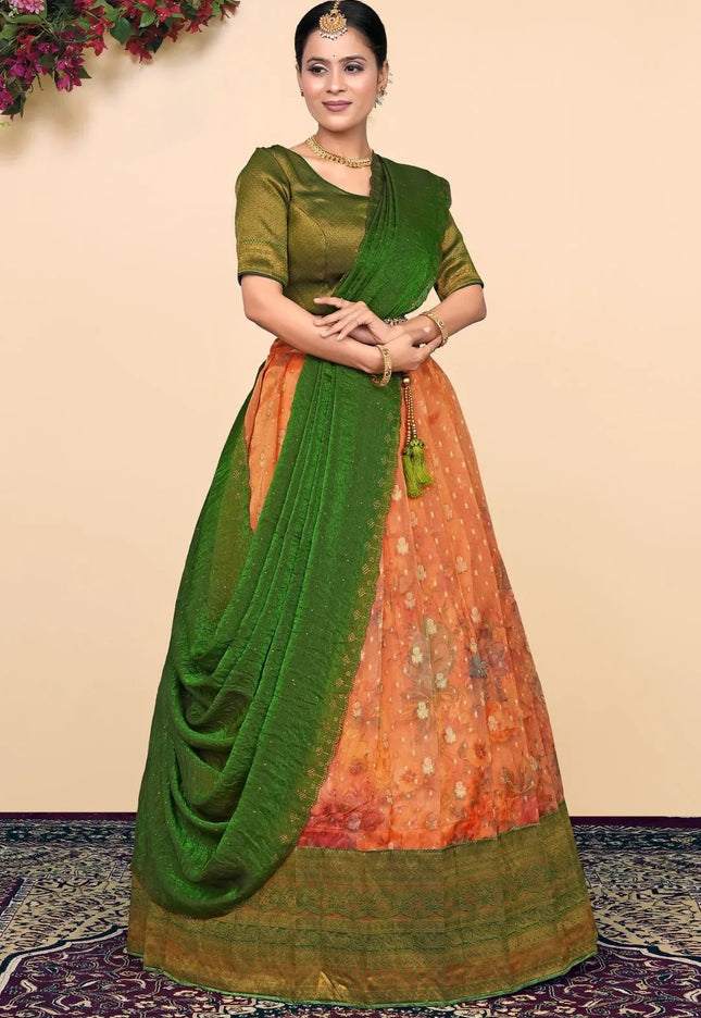 Orange Tissue Silk Pattu Lehenga Choli With Digital Print