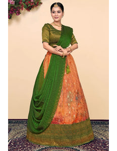 Orange Tissue Silk Pattu Lehenga Choli With Digital Print