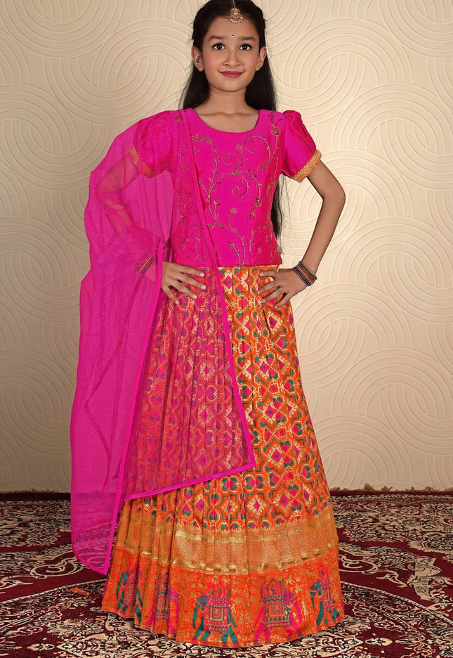 Orange Traditional Patola Style Lehenga Choli Set for Girls Festive Wear