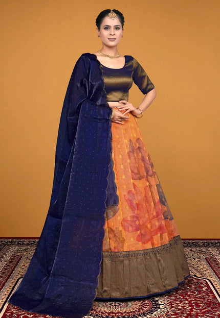Orange Traditional Zari Tissue Silk Lehenga Choli With Dupatta