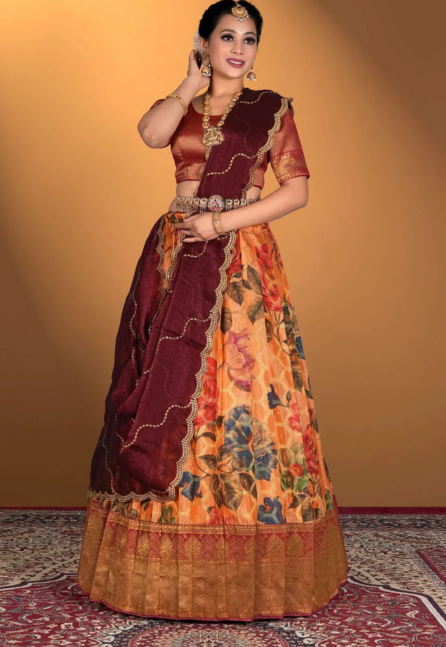 Orange Viscose With Digital Print Lehenga Choli For Women