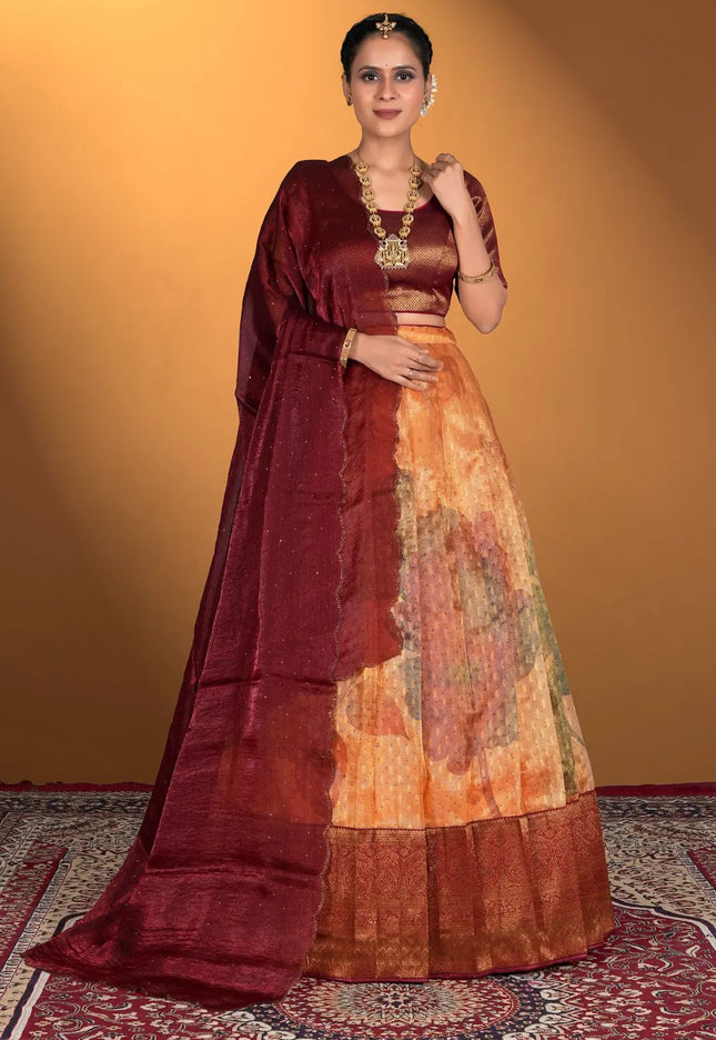 Orange Zari Tissue Silk Digital Print Lehenga Choli With Dupatta
